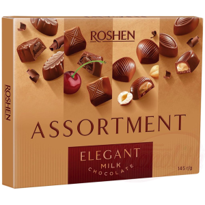 MARKE: ROSHEN "Assortment Elegant" cukrovinky z mliečnej čokolády s rôznymi náplňami. Obsahuje alkohol.