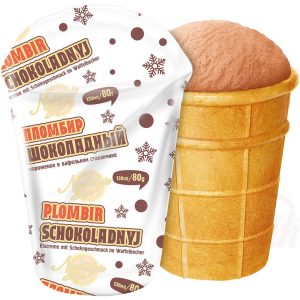 Zmrzlina s čokoládovou príchuťou v pohári vafle " Plombir-Schokoladnyj"