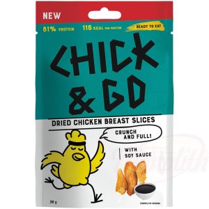 „CHICK & GO“ Sušené plátky kuracích prsných filiet so sójovou omáčkou.